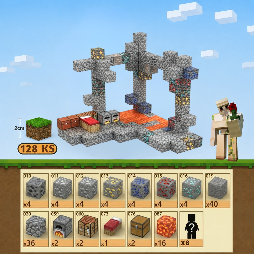 Minecraft magnetická stavebnice - 128 kusů + 6 figurky