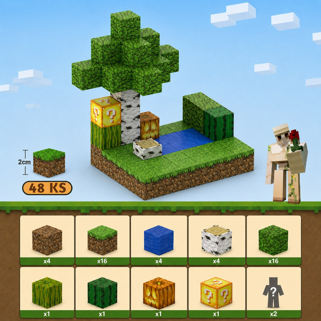 Minecraft magnetická stavebnica - 48 kusov + 2 figúrky